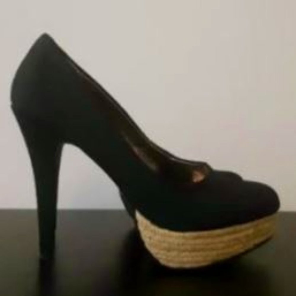 Fabric Heels - Platforms, Black with Straw Bottom, Size 9 US